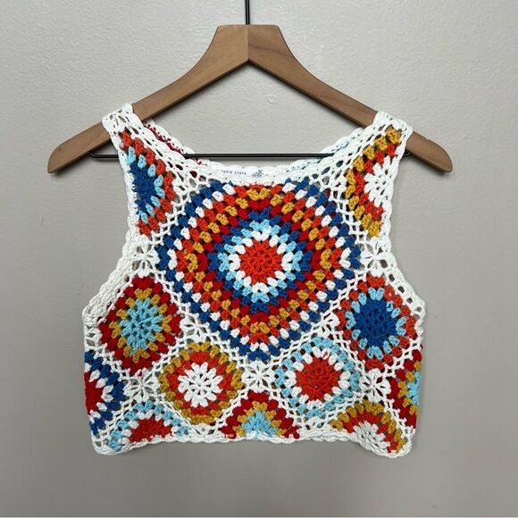 Altard State Crochet Top Retro Diamond Cream Red Orange Blue Sleeveless Tank - Picture 4 of 4